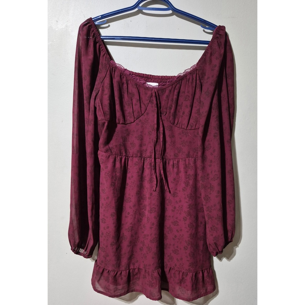 Hollister Burgundy Floral Long Sleeve Mini Dress Smocked Back Ruffle Hem Large